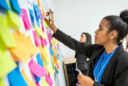student organizing post-it notes on a flip chart