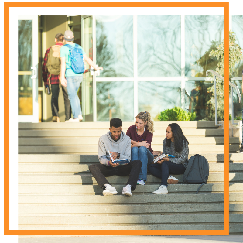 three students talking
