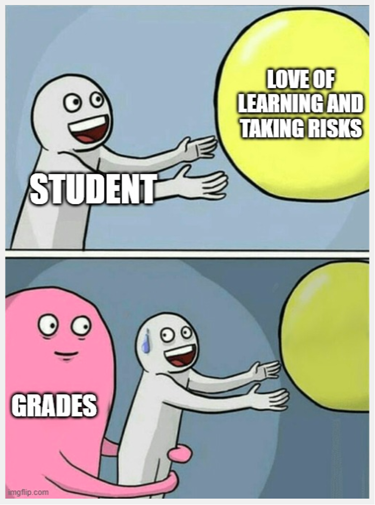 panel 1: student reaches for ball named "love of learning and taking risks" panel 2: student pulled away from ball by large cartoon named "grades"